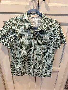 Tory Burch Ruthie Green Geometric Print Button Down Shirt Blouse Size 12